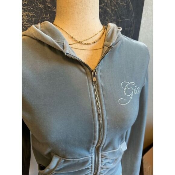 I.AM.GIA Kameron Velour Zip Up Jacket Women Small Blue Bedazzled Ruched - Picture 3 of 16